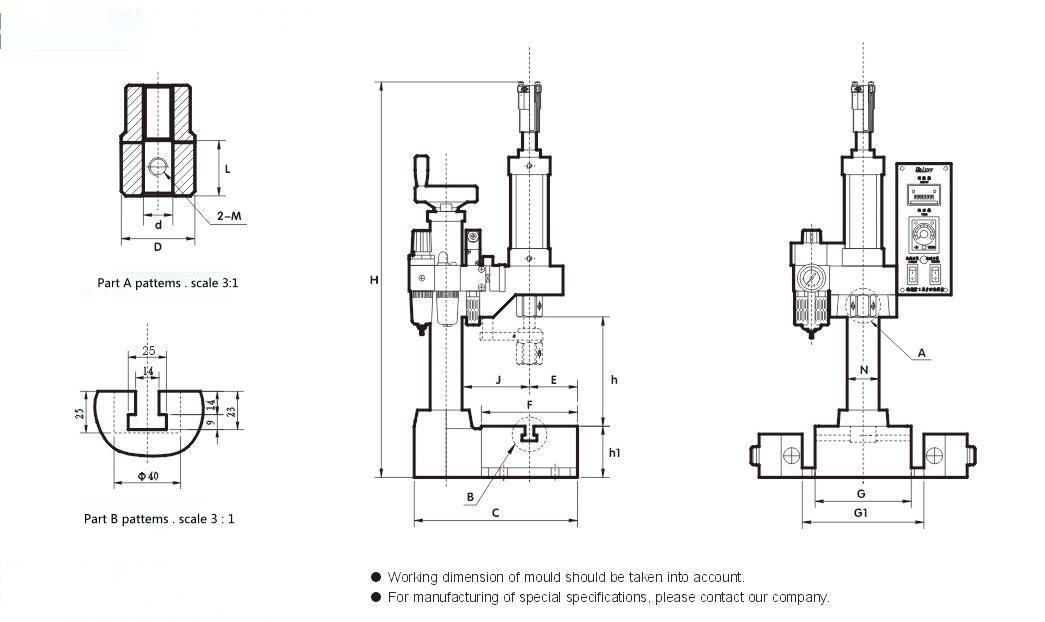 Pneumatic Press PRNA Drawing on physical dimensions